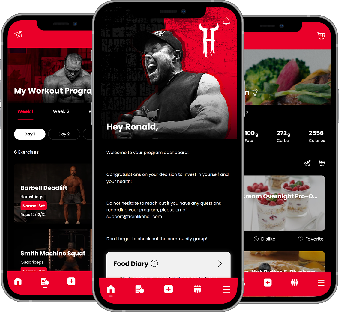 Train Like Hell mobile fitness app. Red and black color scheme with workout and food info.