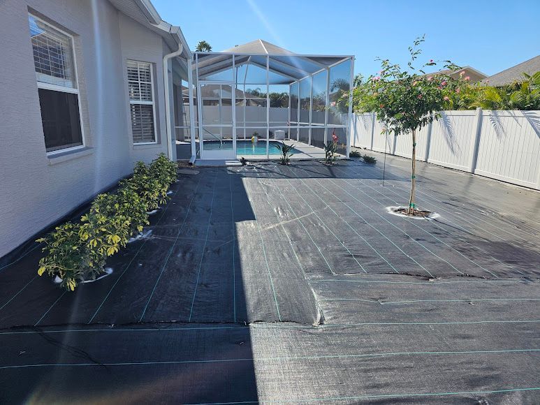 Backyard with black paver patio, small tree, white fence, and screened pool enclosure by a house