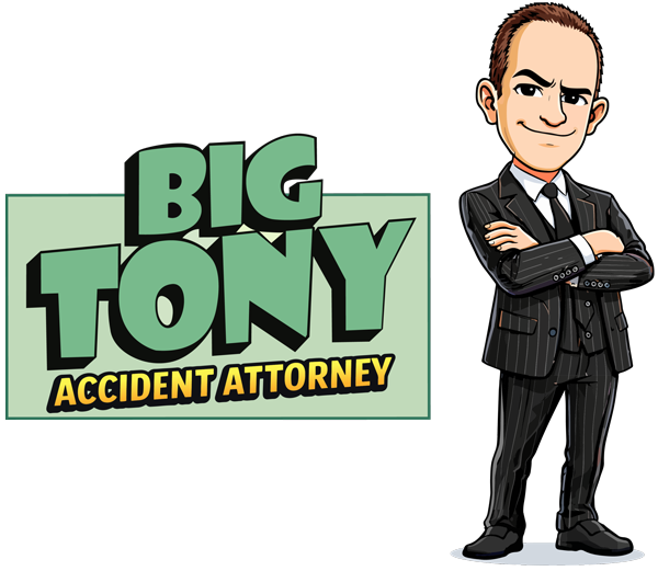 &ldquo;BIG TONY&rdquo; accident attorney logo with a cartoon lawyer in a black suit, arms crossed