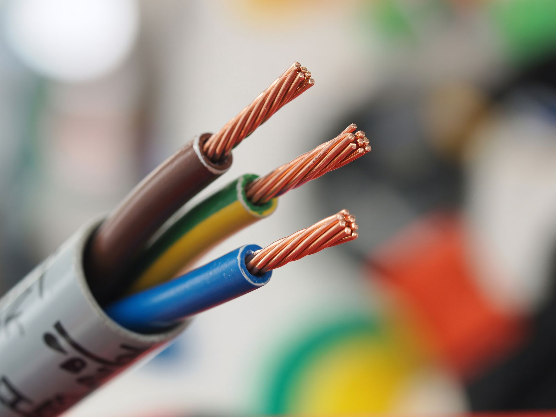 Close-up of a cut electrical cable with exposed copper wires and colored insulation
