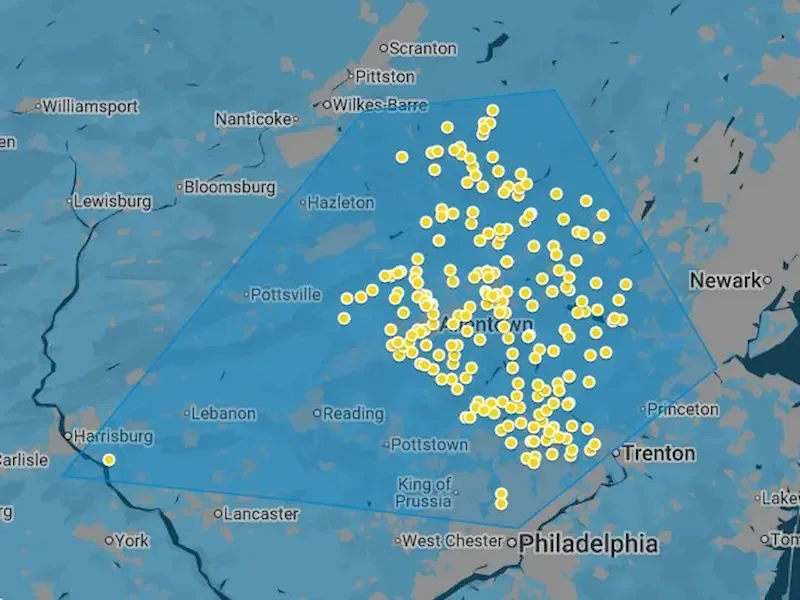 Map of Pennsylvania with many yellow markers clustered around central Pennsylvania near Philadelphia and Trenton.