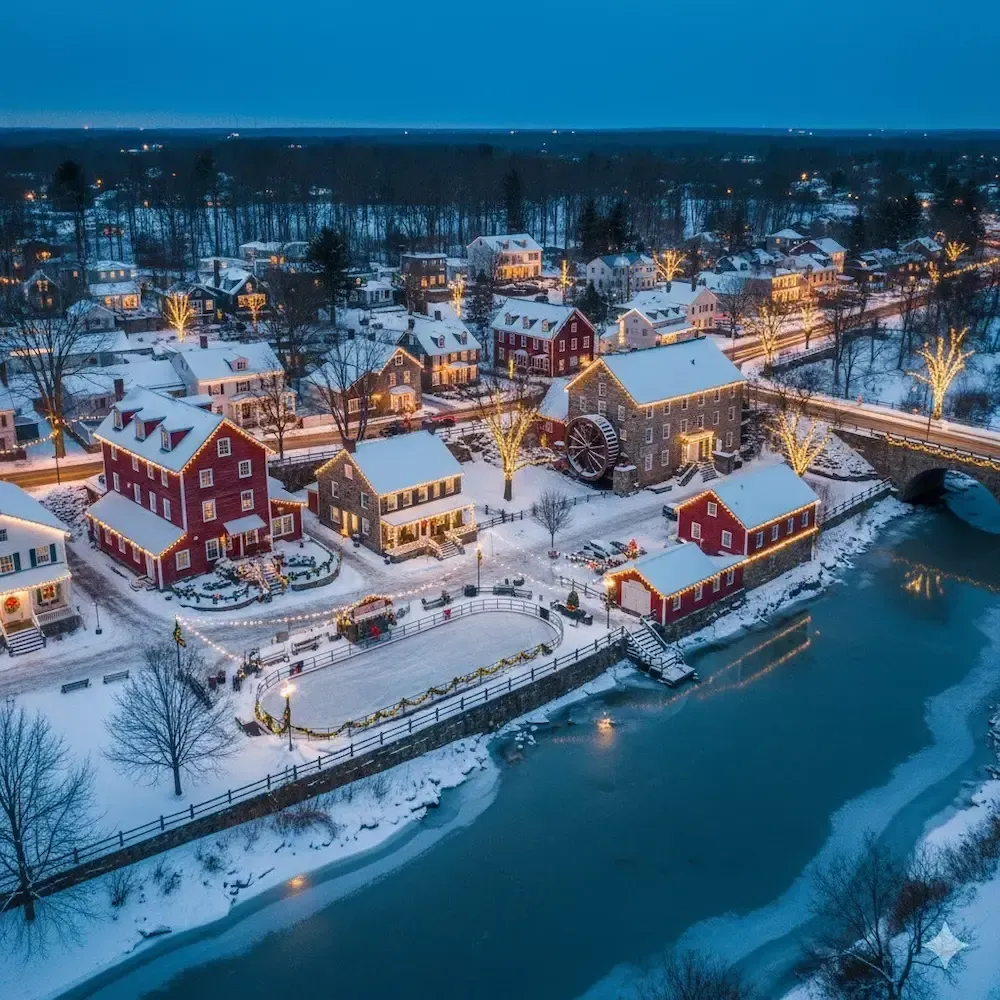 Snowy riverside village at dusk with lit houses, a bridge, and frozen water