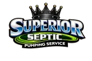 Superior Septic Pumping Service logo with blue text, green oval, and a crown above the word Superior