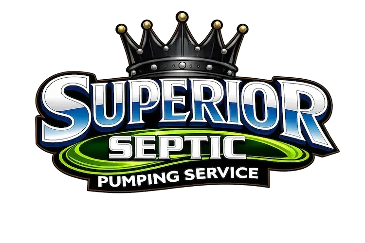 Superior Septic Pumping Service logo with blue text, green oval, and a crown above the word Superior