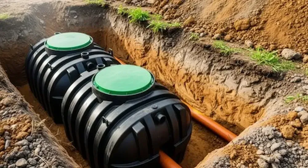 Two black underground tanks with green lids in a trench beside an orange pipe