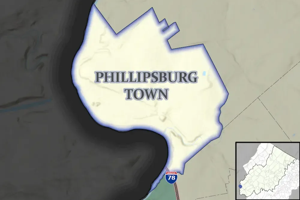 Map highlighting Phillipsburg Town in white with a blue border on a gray background.