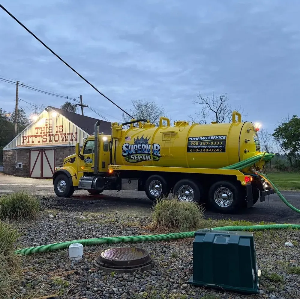 Yellow vacuum tanker truck parked by white silos, labeled “Sutherland Septic.”