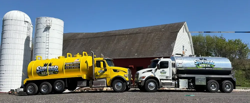 A light blue septic vacuum truck driving on a road against a clear sky.