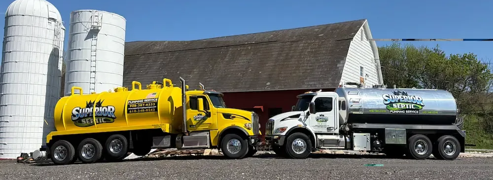 Yellow and white tanker trucks parked by a barn beside white silos on a farm
