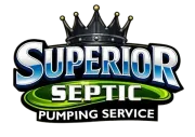 Logo for Superior Septic Pumping Service featuring a black crown above text on a green and blue oval background.