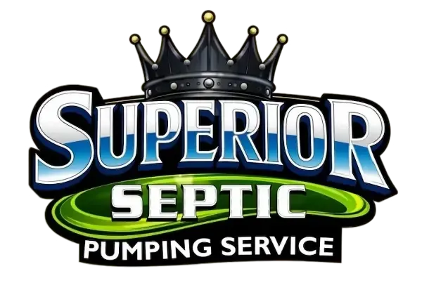 Logo for Superior Septic Pumping Service featuring a black crown above text on a green and blue oval background.
