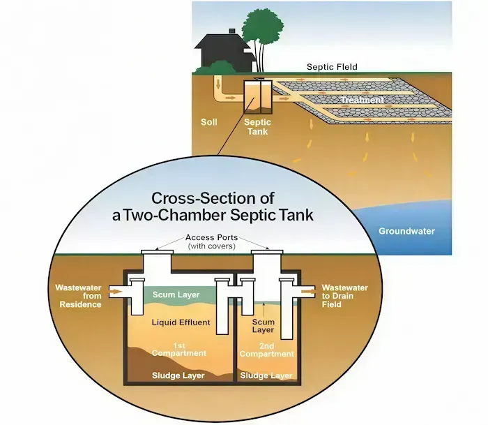 Diagram of a cross-section two-chamber septic tank with labeled tanks, pipes, and drainage field.