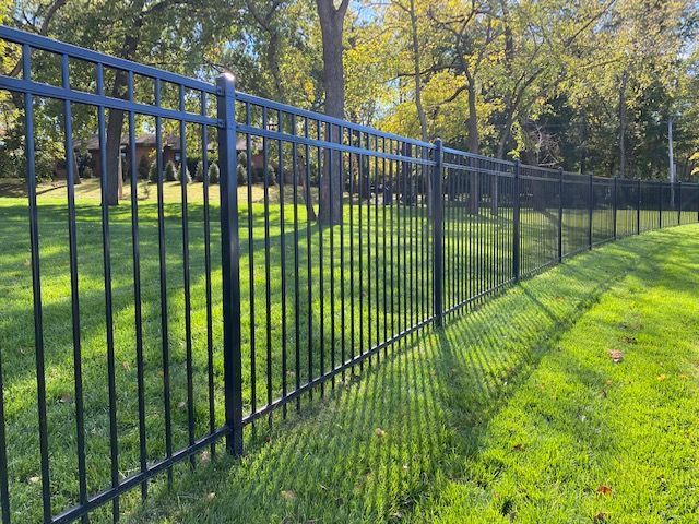Black metal fence in a grassy yard, with trees in the background on a sunny day.