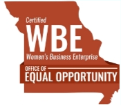 Certified WBE logo in brown, shaped like Missouri with text