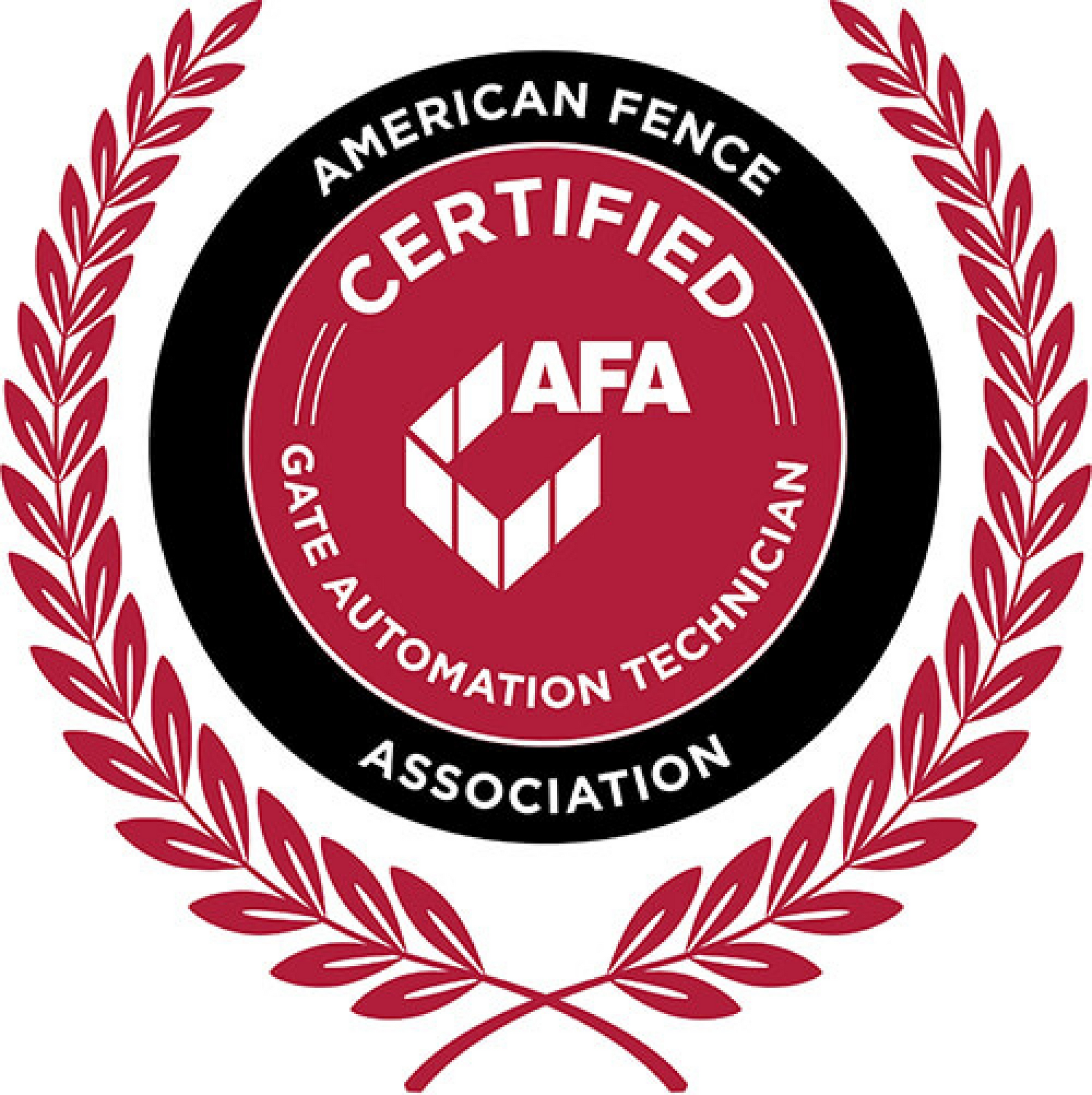American Fence Association Certified Gate Automation Technician badge, red and black.