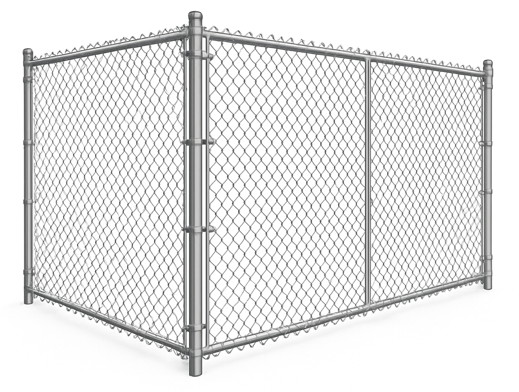 Chain link fence corner section, metallic gray.