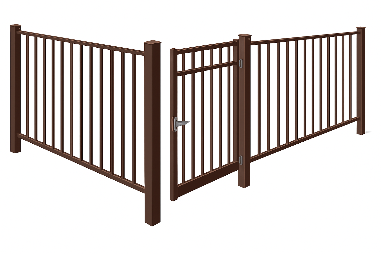 Brown metal fence with open gate.