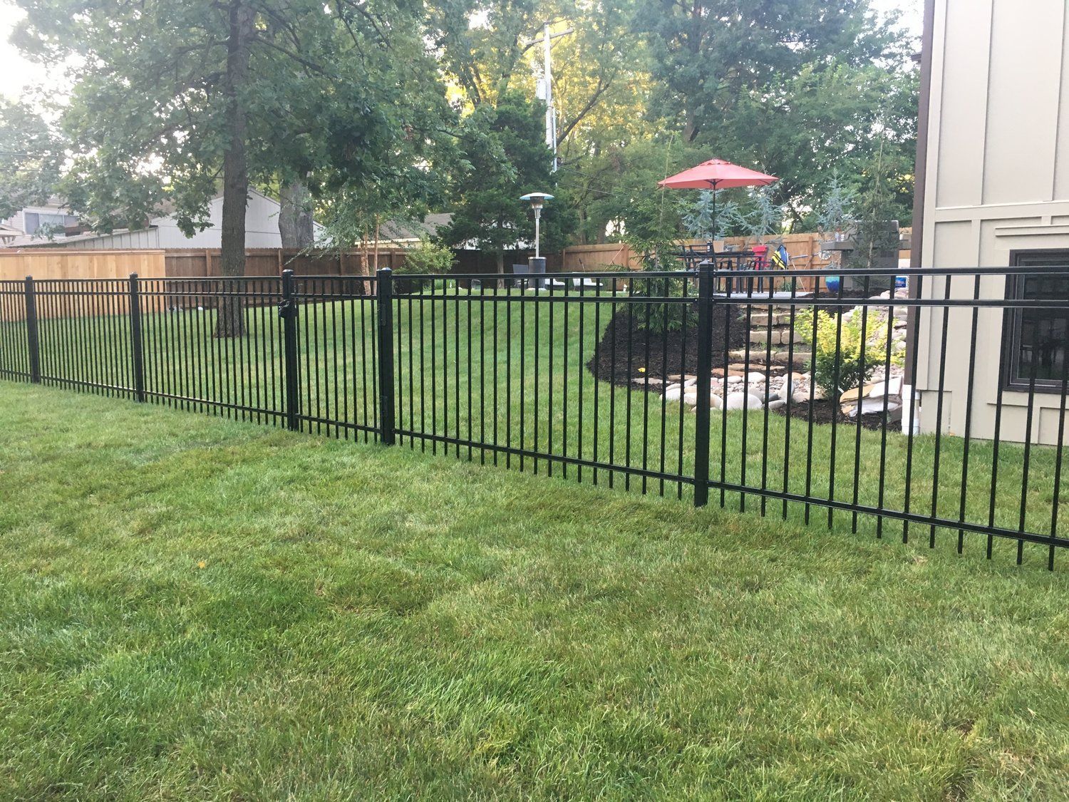 Black metal fence in a grassy backyard.