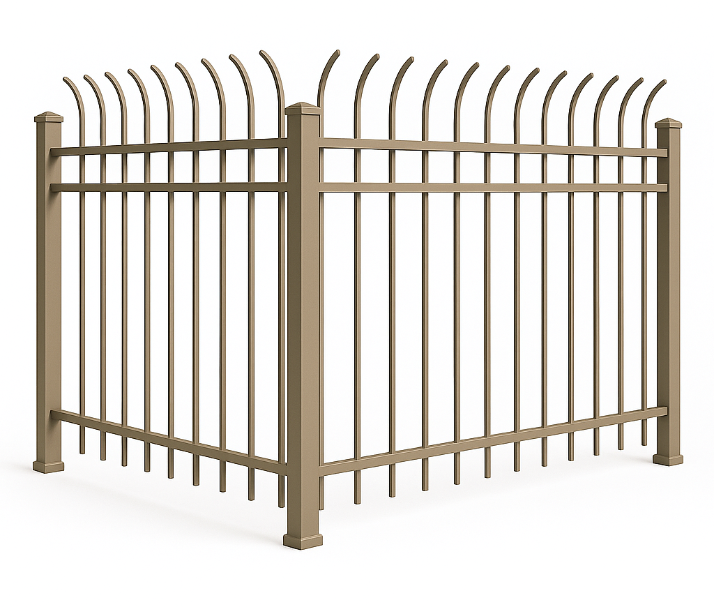 Tan metal fence with vertical bars and curved top, around a corner.
