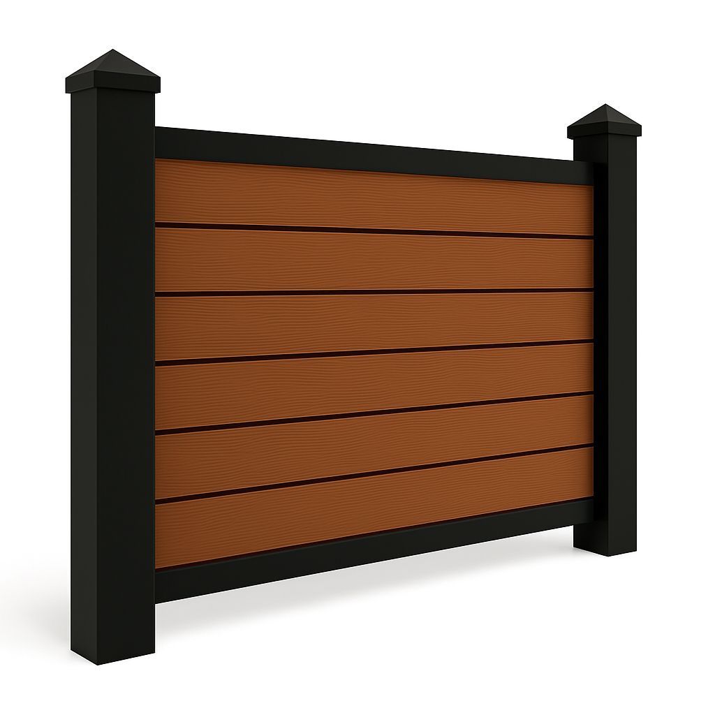 Brown and black horizontal slat fence section.