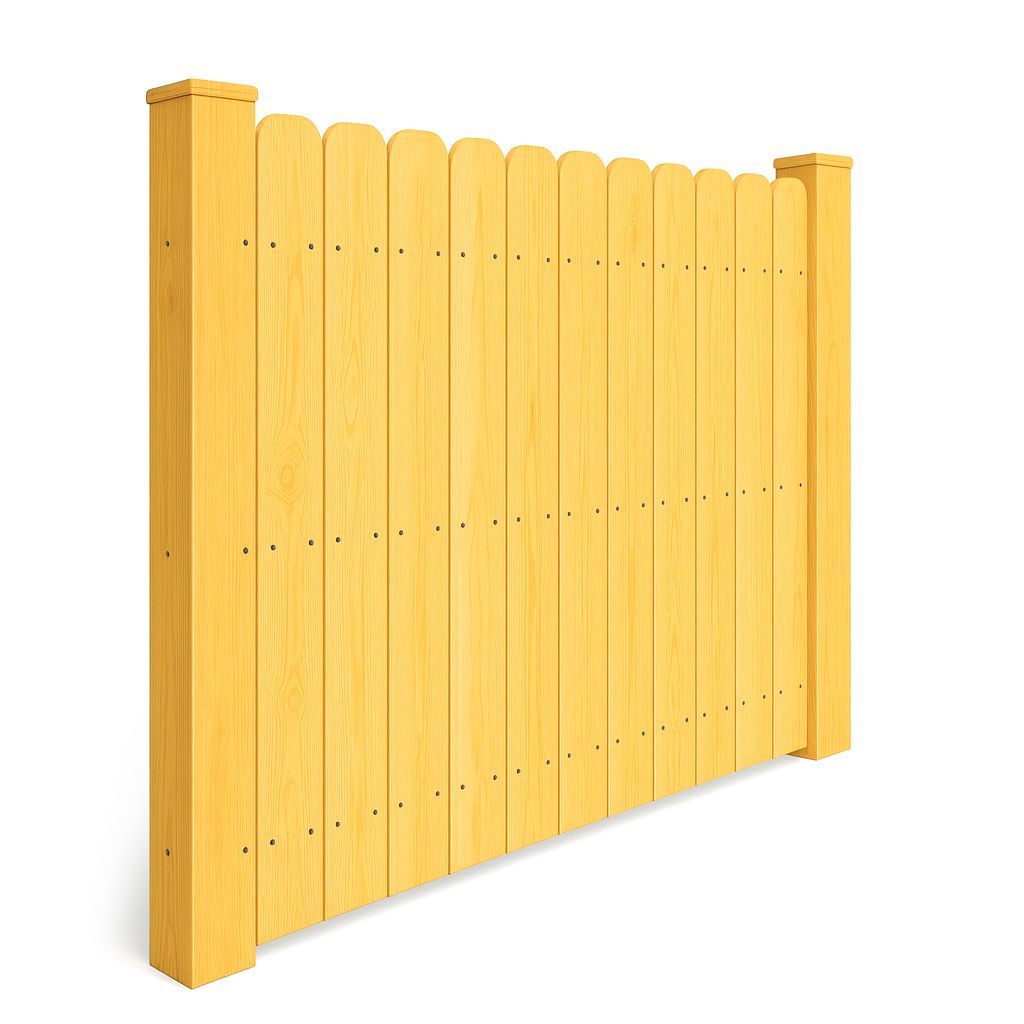 Yellow wooden picket fence against a white background.