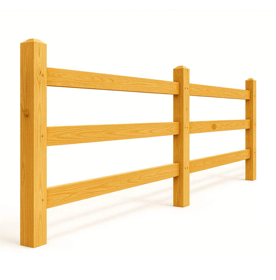 Wooden split-rail fence, tan-colored, with three horizontal rails between vertical posts, against a white background.
