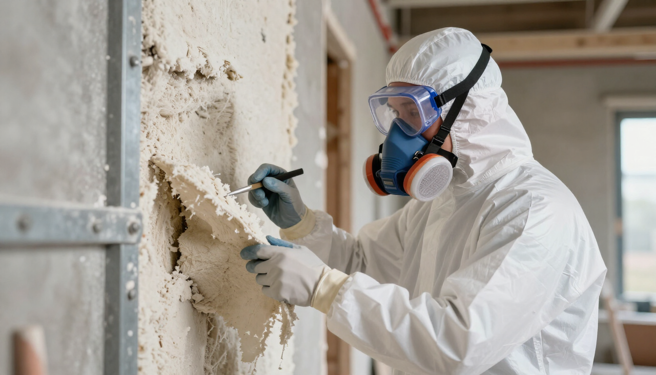 Worker in white protective suit and respirator scraping mold from a damaged wall indoors