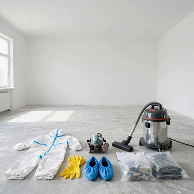 Empty room with cleaning supplies, gloves, shoes, and a vacuum arranged on the floor