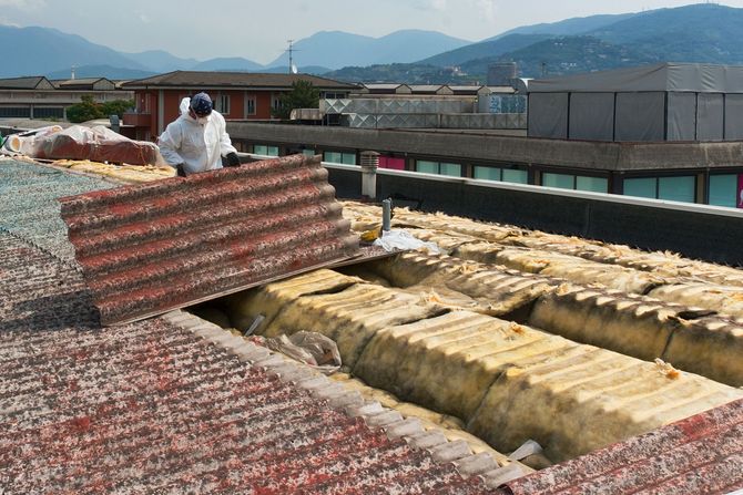 Person sorting fish on drying racks by the waterfront, with mountains in the background