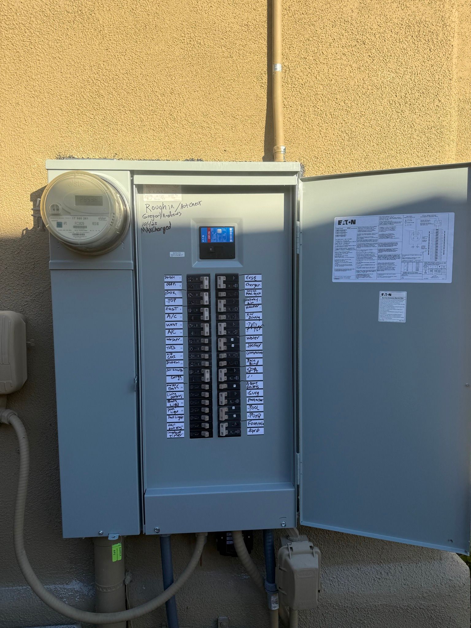 An outdoor electrical meter and breaker panel box mounted on a stucco wall with its door open.