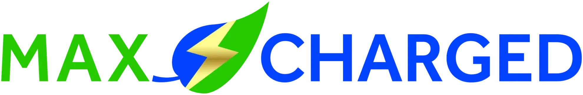 The logo "MAX CHARGED" in green and blue text, featuring a blue and green leaf icon with a yellow lightning bolt.