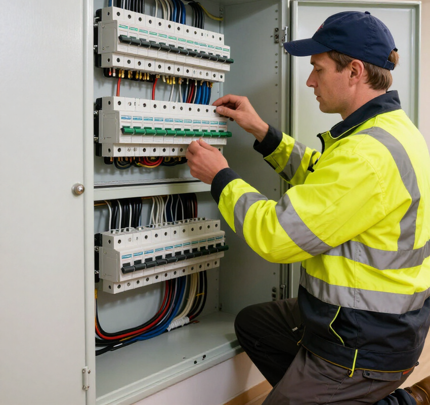 Elektriker inspiserer ledninger i et åpent elektrisk kontrollpanel iført gul sikkerhetsvest og blå lue