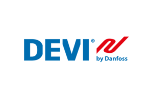 DEVI by Danfoss-logoen i blått og rødt på hvit bakgrunn