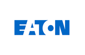 Blå EATON-logo på hvit bakgrunn