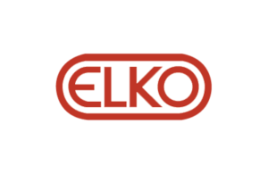 Rød ELKO-logo inni en oval omriss på hvit bakgrunn