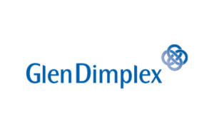 GlenDimplex-logo i blå tekst med abstrakt blått ikon
