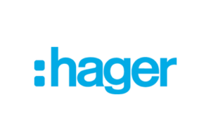 Hager-logo i blått på hvit bakgrunn