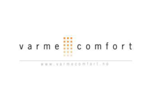 Varme Comfort-logo med grå tekst og et gullprikket firkantikon på hvit bakgrunn