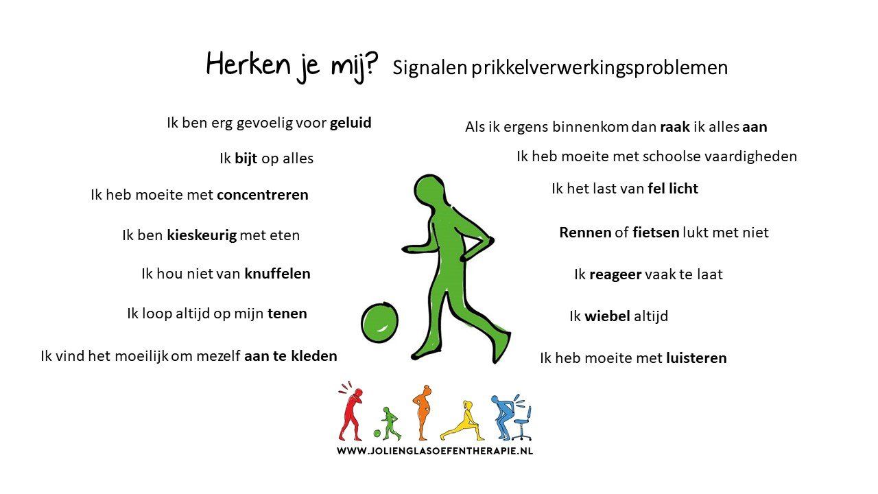 Groene figuur die voetbal speelt, omgeven door tekst over problemen met sensorische informatieverwerking.