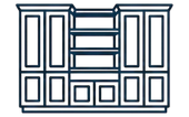 Line drawing of a white cabinet or shelving unit with navy outlines and multiple doors and shelves.