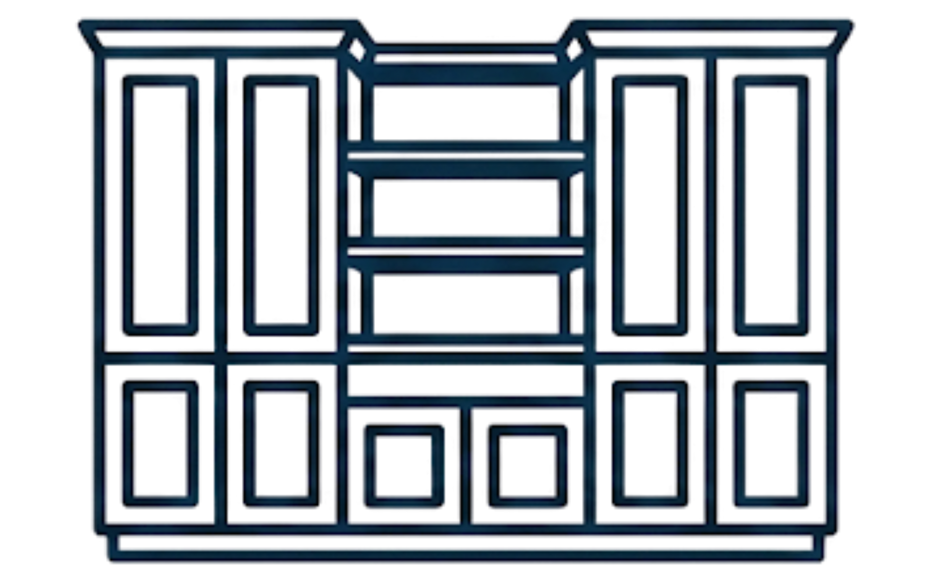 Line drawing of a white cabinet or shelving unit with navy outlines and multiple doors and shelves.
