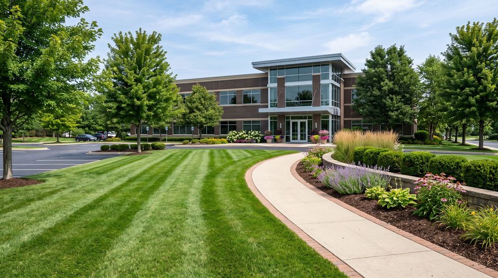 Brick building with columns beside a curved sidewalk, manicured lawn, and landscaped flower beds under a blue sky