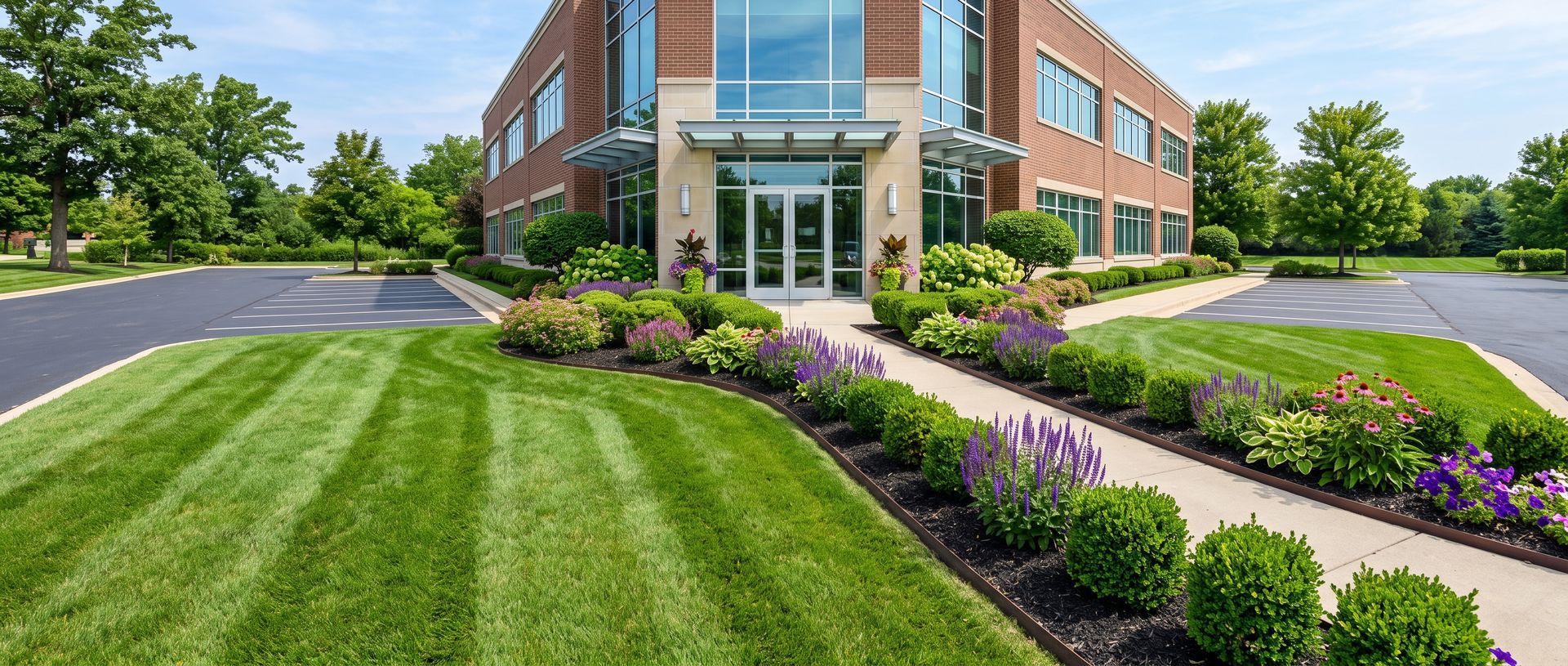 Modern brick office building with landscaped lawn, flower beds, and a paved walkway