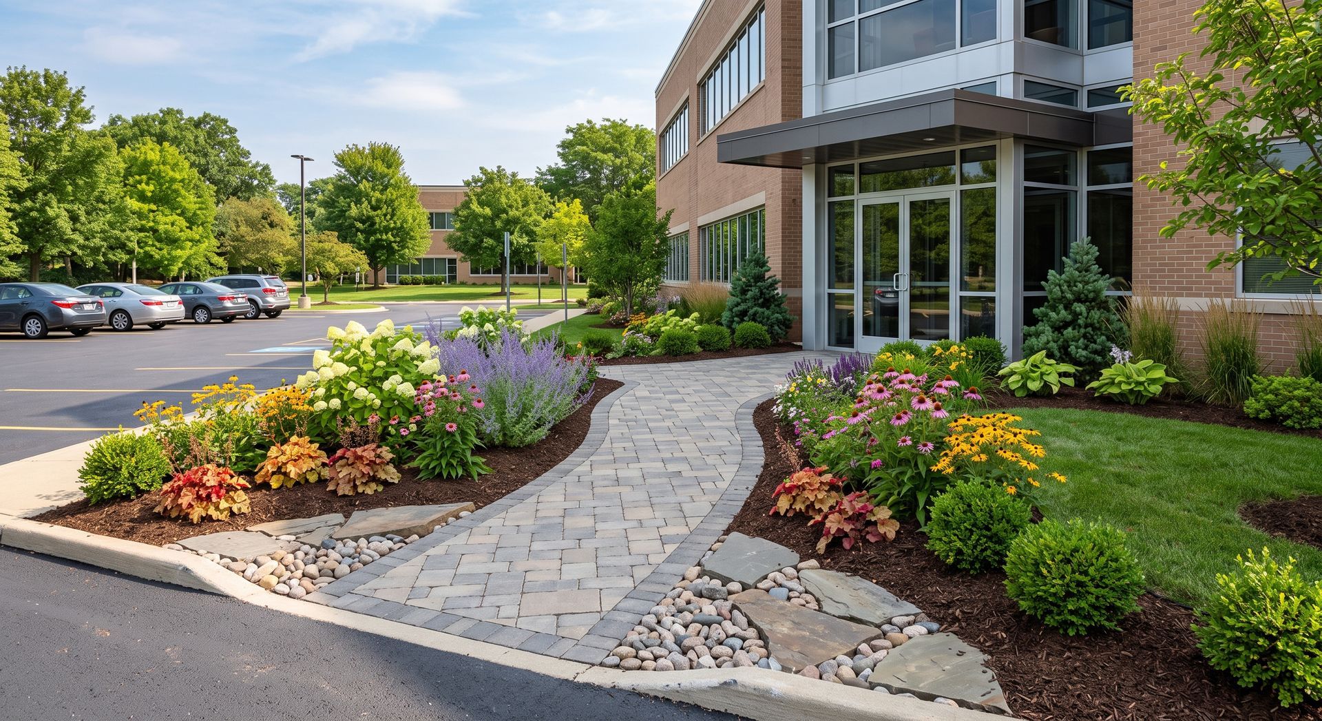 Landscaped office building entrance with a stone path, flowers, shrubs, and parked cars nearby