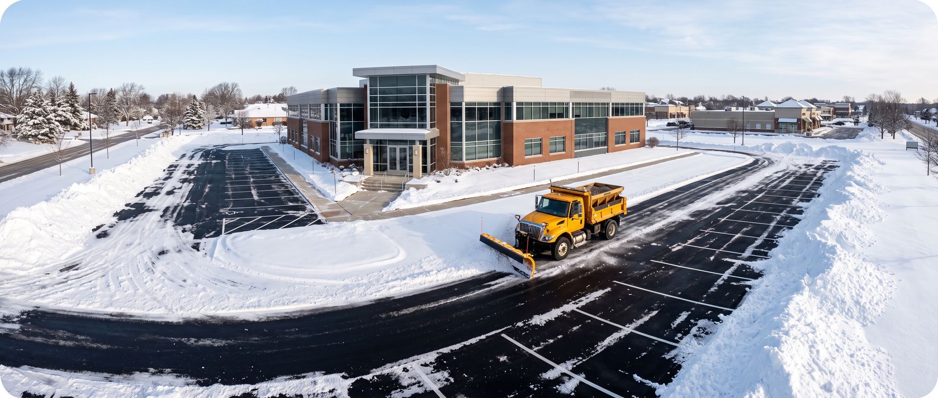 Snow-covered school building with a yellow plow clearing the blacktop driveway