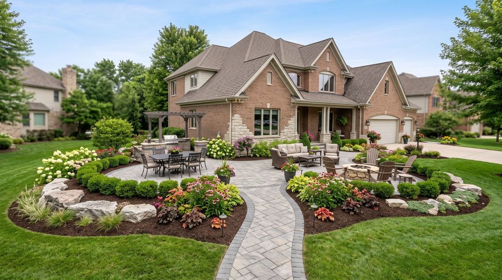 Brick house with curved stone walkway, manicured flower beds, and a landscaped front yard
