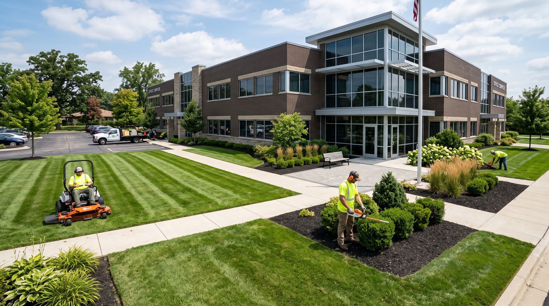 Modern office building with glass entrance, landscaped lawn, and two workers mowing grass outside