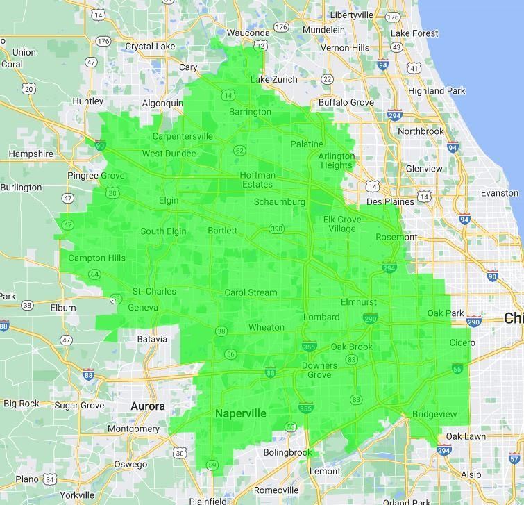 Green highlighted area over a map of the Chicago suburbs around Naperville and Aurora