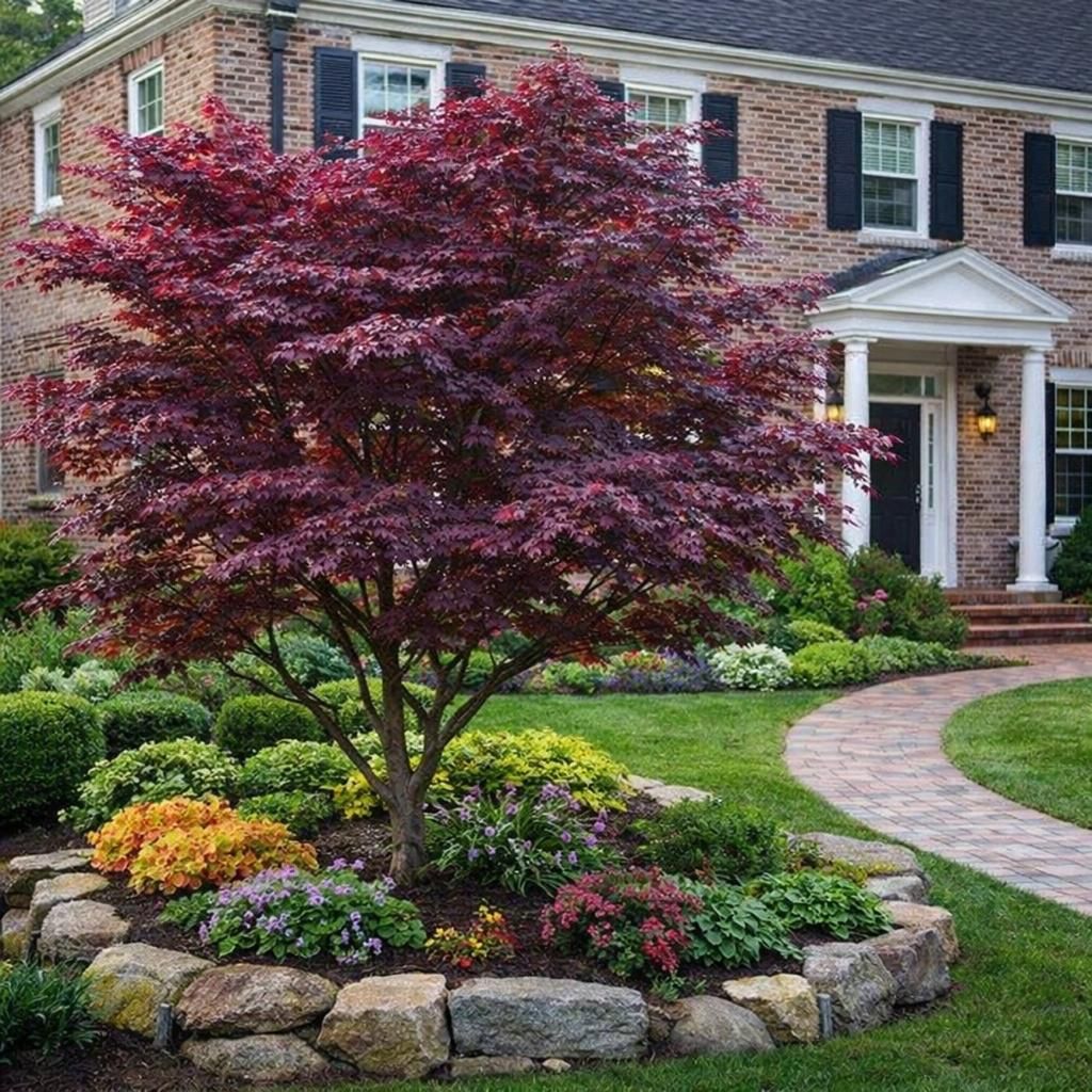 Front yard garden with a burgundy Japanese maple, stone border, curved path, and brick house entrance