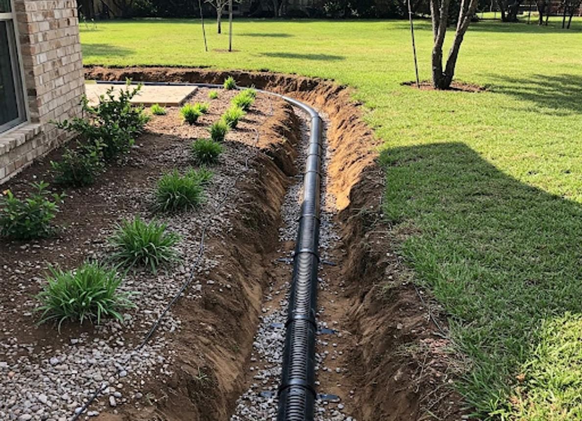 Garden drainage trench with black pipe running beside a house and lawn